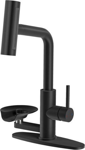 HOWUWEY Kitchen Faucet with Pull Down Sprayer & Cup Washer, Glass Rinser Faucet for Kitchen Sink, Single Handle Waterfall 1 or 3 Hole Tap for Bar Sink Farmhouse Camper Laundry Rv (Black)