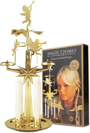 Original Swedish Angel Chimes, Carousel and 4 Candles – Scandinavian Spinning Festive Chimes for Christmas, Best Memorial Gift Since 1948, Home Decorations – Gold Brass