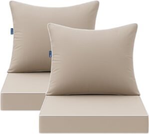 MIULEE Beige Outdoor Seat Cushion 24×24 Inch Set of 2 Waterproof & 3 Year Fade Resistant Deep Seat and Back Cushion for Patio Furniture Chair Sofa Couch with Handle and Adjustable Straps