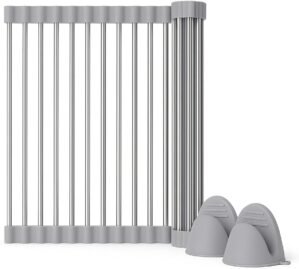 Over Sink Dish Dryng Rack – Roll Up Stainless Stell & Silicone Drying mat, Heat Resistant, Non-Slip & Foldable, Space Saving Kitchen Organizer (17.3″x 15.7″)