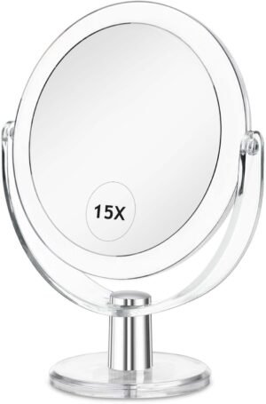 CLSEVXY Vanity Makeup Mirror with Stand, 1X/15X Magnification Double Sided 360 Degree Swivel, Portable Table Desk Counter top Magnifying Mirror, Tabletop Mirror for Bedroom or Dorm Room, 6.25 Inch