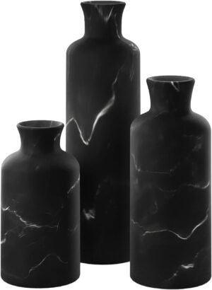 Creative Scents Black Marble Look 3pc Vase Set – Boho Vases for Decor, Modern Vases for Holding Pampas Grass, Dried/Fresh Flowers, Vases for Living Room – Kitchen, Bedroom, Office, Shelf Decor