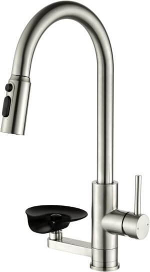 Kitchen Faucet with Cup Washer Pull Down Sprayer Stainless Steel Kitchen Sink Faucet with Deck Plate Glass Rinser Single Hole Brushed Nickel