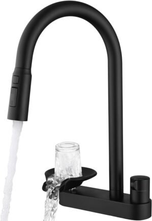 Kitchen Faucet with Pull Down Sprayer & Cup Rinser, Glass Rinser Faucet for Kitchen Sink, Lead-Free Brass Waterway, 3 Spray Modes Single Handle, Single Hole for Sink Farmhouse RV Bar Black