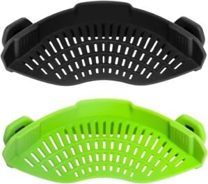 Clip‑On Pot Strainer Silicone Black + Green Dishwasher‑Safe Side‑Mount Design 9.4×4.6×2.5 Inches | Snap Drain Colander for Pans Bowls Skillets | Heat‑Resistant Kitchen Gadget Splash‑Guard