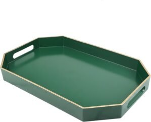 Green Decorative Tray with Handles, Versatile Serving Tray for Coffee Table, Ottoman, Ideal for Serving, Displaying, Organizing, 15.7″*10.2″*1.57″