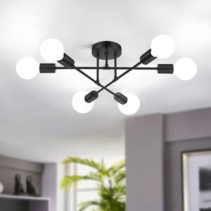 Modern Sputnik Chandelier 6-Light Industrial Ceiling Lights Fixture 22″ Black Semi Flush Mount Ceiling Light with E26 Base Sputnik Lights Fixture for Dining Room Bedroom Foyer Hallway Living Room