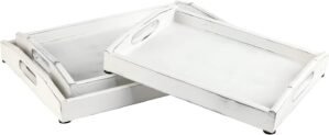 MyGift Vintage Rustic Whitewashed Wood Nesting Serving Trays/Decorative Ottoman Trays with Oval Cutout Handles, Set of 3