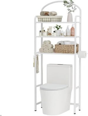Over The Toilet Storage Rack – 3 Tier Bathroom Organizer with 4 Hooks & Paper Holder – Space Saving Metal Shelf for Bathroom – White Toilet Storage