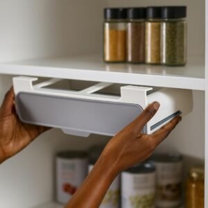 SpiceSpace Organizer Set – Under-Shelf Mounted Rack with 6 Glass Spice Jars & 18 Preprinted Labels – Minimalist Space-Saving Spice Rack for Pantry, Cabinet, or Kitchen Shelf
