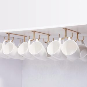 FOMANSH Mug Rack Under Cabinet – Coffee Cup Holder, 12 Mugs Hooks Under Shelf, Display Hanging Cups Drying Hook for Bar Kitchen Utensils Gold