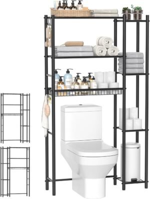 Hodonas Over The Toilet Storage Shelf – Bathroom Organizer Rack with 7-Tier Shelves, Adjustable Metal Shelf Above Toilet for Storage, Freestanding Bathroom Space Saver, Black