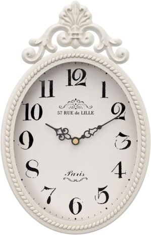 Abdurey Small French Retro Decorative Wall Clock, Ivory White Vintage Oval Style,Silent Battery Operated Boho Decor Wall Clocks for Farmhouse,Kitchen,Bedroom,Bathroom(10.4″ H x 6.7″ W)