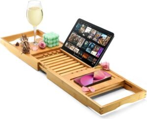 Luxury Foldable Bathtub Tray Caddy – Waterproof Wood Bath Tray for Tub, Expandable Size Fits Most Tubs, Bathroom Accessories for New Home & Mothers, Birthday Gifts for Mom