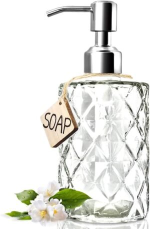 JASAI Diamond Design 12 Oz Glass Soap Dispenser, Kitchen soap Dispenser with 304 Rust Proof Stainless Steel Pump, Bathroom Soap Dispenser for Hand Soap, Soap, Lotion(Clear).