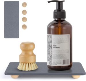 Sink Caddy Kitchen Sink Organizer, Super Absorbent Quick Dry Diatomaceous Earth Stone Tray for Kitchen Bathroom Countertop with Hemisphere Wooden feet, Multi-Purpose Stone Sink Tray(11 * 4.4in)