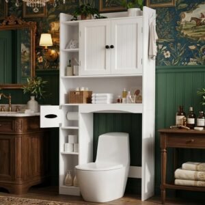 Gizoon 66”H Over The Toilet Storage Cabinet, Over Toilet Storage Cabinet White, Over Toilet Bathroom Organizer, with 2 Doors, Adjustable Shelf, for Bathroom, Laundry, White