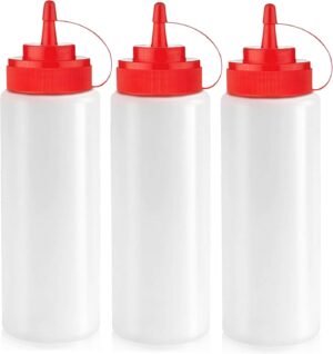 Norcalway 12 oz Condiment Squeeze Bottles for Sauces – Leak Proof Oil, Syrup, Dressing Squirt Bottles – 3 Pack