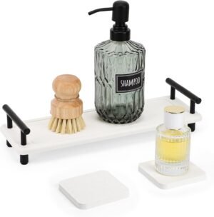 Segbeauty 12x4in Instant Drying Stone Sink Tray, Water Absorbent Diatomaceous Earth Tray with Coasters, Quick Dry Stone Vanity Trays Bathroom Sink Organizer Countertop Sink Caddy for Soap Dispenser