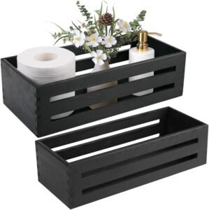 LotFancy Bathroom Decor Box, 2 Pack Wooden Toilet Paper Holder, Black Toilet Tank Basket, Back of Toilet Storage Basket, Farmhouse Toilet Tank Topper
