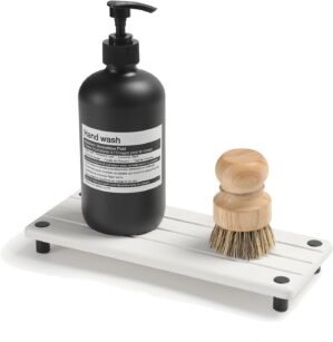 Razborci Instant Dry Sink Caddy Kitchen Sink Organizer, Quick Drying Diatomaceous Earth Stone Sink Tray Sponge Holder Soap Dish, Bathroom Countertop Vanity Dispenser Toothbrush Bottle, White, 10″ x 4″