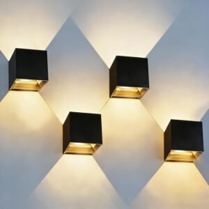 Mille Lucciole 12W 4Pack Outdoor Wall Lights Exterior/Interior,LED Black Outdoor Wall Sconces Light Fixtures Modern,IP65 Waterproof Square Aluminum Wall Lamps, Up and Down Lights 3000K Warm Lights