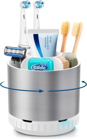 GFWARE Silver Toothbrush Holders for Bathrooms Countertop Organizer – Kids Electric Toothbrush and Toothpaste Holder Rotating Tooth Brush Organization Bathroom Sink Accessories Storage Caddy