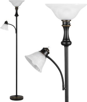 71” Floor Lamps for Living Room, Tall Floor Lamp for Bedroom with Adjustable Angle Arc Reading lamp, Modern Torchiere Standing lamp with Glass Shade, Knob Switch, Bulb Included, Black