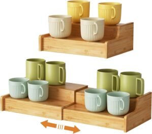 Hongtamoya 2-Tier Expandable Bamboo Coffee Mug Holder, Mug Organizer for Kitchen Cabinets, Mug Cup Rack, Multi-Functional Cup Holder Shelf, Coffee Bar Organizer, Home