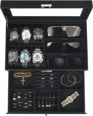 Kukikan Watch Jewelry Box Organizer, 6-Slot 2-Layer Watch Case and Sunglasses Storage with Large Glass Lid, Men’s Jewelry Box with Lock, Watch Holder Display Case, Fathers Day Gift for Dad