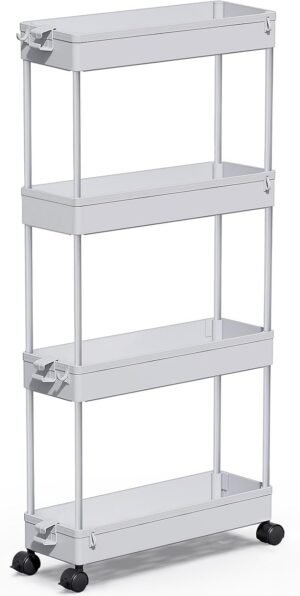 SPACEKEEPER Slim Rolling Storage Cart 4 Tier Bathroom Organizer Mobile Shelving Unit Storage Rolling Utility Cart Tower Rack for Kitchen Bathroom Laundry Narrow Places, Gray
