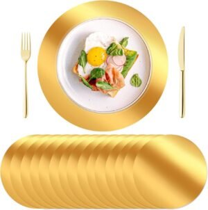 KesaPlan 100PCS Round Gold Placemats, 13″ Disposable Paper Placemats for Dining Table, Mirrored Gold Charger Place Mat for Kitchen Banquet Table Setting Wedding Birthday Dinner Party Decor