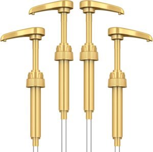 Coffee Syrup Pump Dispenser, 4 Packs of Syrup Pump for 750ml/25.4 oz Syrup Bottle, Gold Pumps for Coffee Syrup Bottle, works with Torani, DaVinci, Jordans Skinny 750ml Syrups Bottles (Gold)