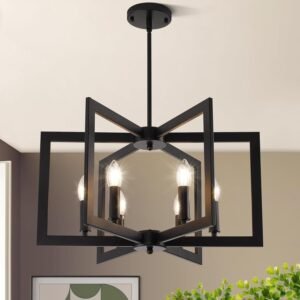 21.6″ Black Chandelier for Dining Room, 6-Light Geometric Farmhouse Dining Room Fixture, Modern Foyer Lighting Fixtures, Industrial Hanging Pendant Lights for Kitchen Island, Living Room, Entryway