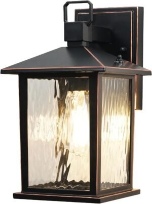 Oil Rubbed Bronze Outdoor Wall Light, 12” Exterior Lighting Fixture with Water Ripple Glass, Hardwired Die-Casting Aluminum Porch Light, Waterproof Outside Wall Sconce, Bulb Not Included