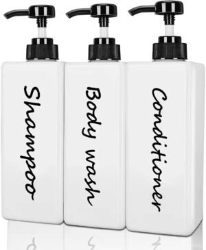 Shampoo and Conditioner Dispenser (Set of 3, 21oz) Modern Refillable Shampoo Pump Bottles for Shower Soap – Empty Body Wash Dispenser Set for Bathroom