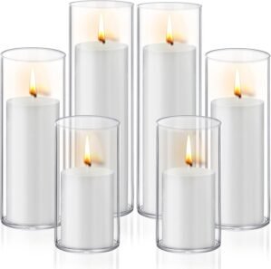 Homjoy 12 PCS White Pillar Candles with Glass Candle Holders Clear Hurricane Candle Holders Glass Cylinder Vases for Centerpieces Wedding Party, Event, Home Office (6 Candles+6 Candle Hoders)