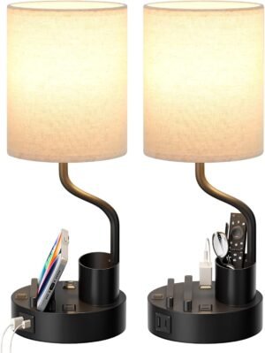 Bedside Table Lamps for Bedroom Set of 2 – Nightstand Light with AC Outlet and USB A & C for Charging, 3 Color Temperatures, Study Desk Lamp with Pen Holder & Phone Stand for Living Room/Dorm/Office