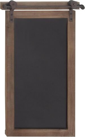 Deco 79 Wood Sign Home Wall Decor Chalkboard Wall Sculpture with Barn Door Inspired Top, Wall Art 16″ x 2″ x 28″, Brown