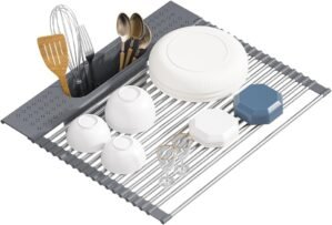 Roll Up Dish Drying Rack Over Sink, 17.5″ x 15.2″ Foldable SUS304 Stainless Steel Kitchen Dish Drainer, Heat-Resistant Multipurpose Rolling Sink Rack Organizer,Grey