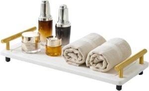 Instant Dry Sink Caddy Organizer,Diatomaceous Earth Bathroom Organizer with Handle Water Absorbing Stone Tray for Sink Water Absorbent Diatomite Coasters (L White Gold Handle)