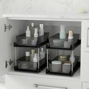 2 Pack Bathroom Organizer,2 Tier Clear Under Sink Organizers Vanity Countertop Storage Container,Cabinet Drawers Bins, Pull-Out Organization with Track for Pantry, Kitchen