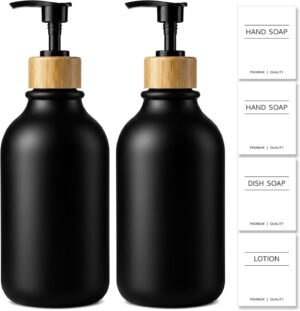 KASUNTING Hand Soap Dispenser Bathroom, Black Dish Soap Dispenser for Kitchen, 17 Fl Oz Plastic Hand and Dish Soap Dispensers Set with Bamboo Pump, 2 Pack Refillable Liquid Lotion Containers Bottle