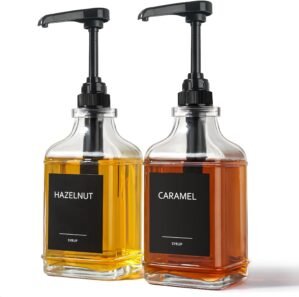 GMISUN Coffee Syrup Dispenser, 16.9 fl oz Syrup Pump Dispenser for Coffee Bar Accessories, Square Glass Syrup Bottle for Coffee Bar Essentials, Simple Maple Syrup Bottles with ¼oz Large Capacity Pump