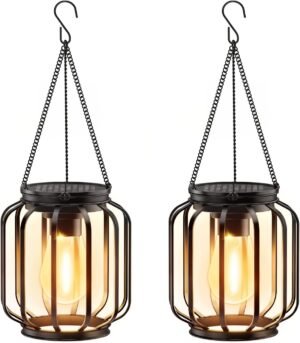 Solar Hanging Lanterns Outdoor: 2 Pack Metal Solar Hanging Lights with Hook, Bright – Warm Waterproof LED Lanterns for Outside, Classic Decorative Solar-Powered Light for Yard Garden Patio Porch Decor