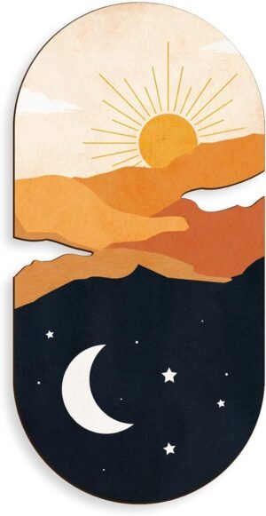 Kas Home Boho Sun and Moon Wall Art Wooden Sunrise Moon Landscapes Nature Wilderness Wall Decor Minimalist Sculpture Hanging Rustic Art Decor For Bedroom Living Room Office(Yellow, 8″ x 16″)