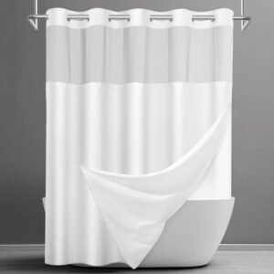 SORTTO No Hook Shower Curtain with Snap in Liner Set Waffle Shower Curtain for Bathroom Hotel Style Fabric Waterproof Inner Liner，71″ W x 74″ H, White
