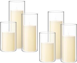 Shihanee Set of 6 Pillar Candles with Glass Cylinder Vases Clear Cylinder Hurricane Candleholders for Slim Tall Pillar Candles Wedding Table Centerpieces(2.6” X 4.7”, 5.9”, 7.9”,Ivory)