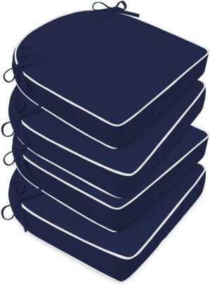 Basic Beyond Outdoor Cushions for Patio Furniture: Waterproof & UV Resistant Outdoor Chair Cushions Set of 4-19 x 19 x 3 Inch Thick Patio Chair Cushions with Ties & Handle, Navy Blue/White