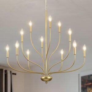 Modern Gold Chandelier for Dining Room,12-Light Gold Chandeliers,34 Inch Large Industrial Hanging Light Fixture for High Ceilings for Living Room, Kitchen, Entryway,Foyer